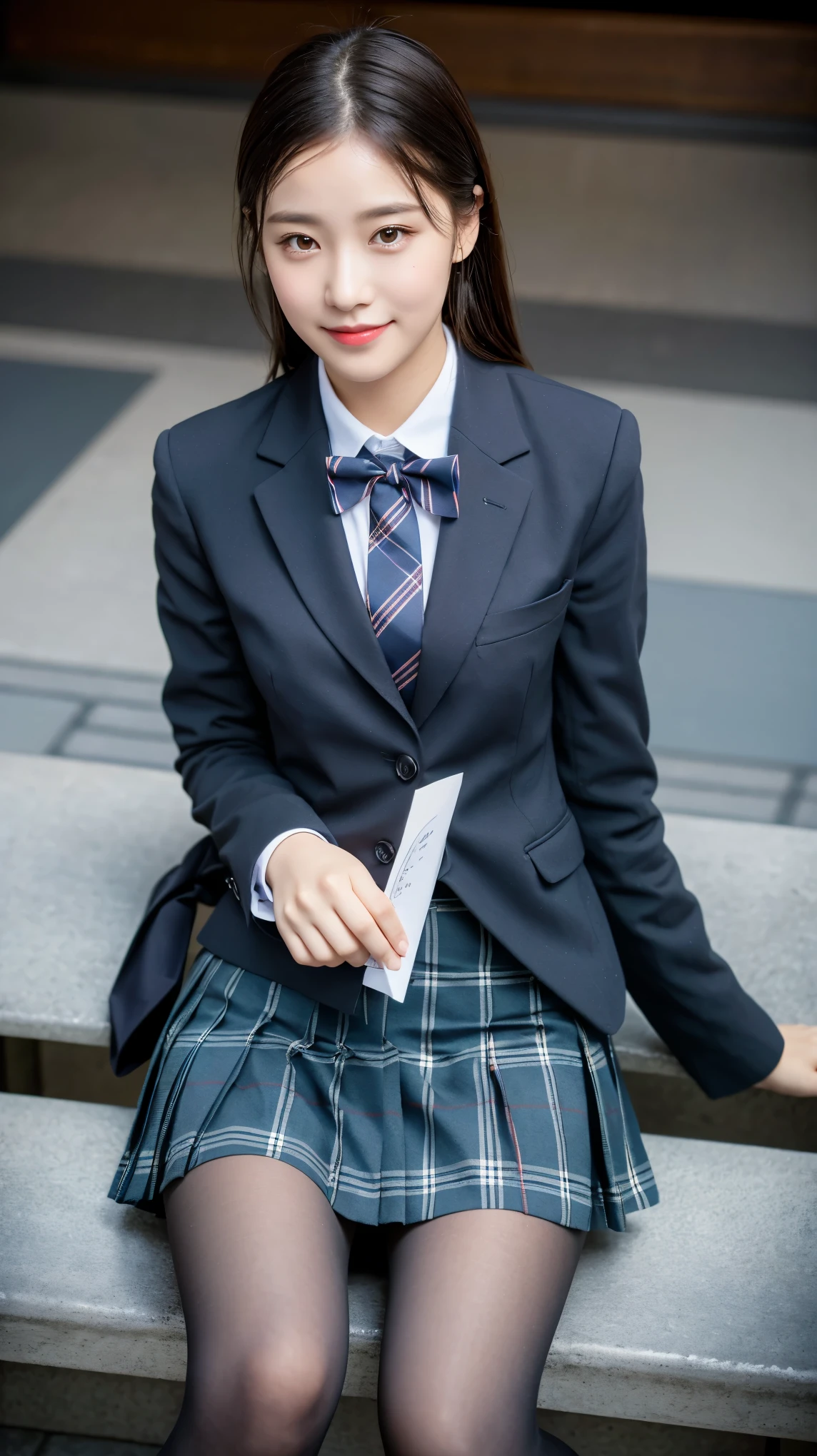 (8K), (highest quality: 1.2), (realistic), (realistic: 1.37), ultra high resolution, 1 girl, cute, smile, closed mouth, beautiful details, beautiful nose, wet hair, red lip,One-point piercing,giant dulcefo, pork, thighs,self snap,University Student Uniform,sunny day,I can see the sea,sit on a bench,cross your legs,Look down,From above,(Simple dark grey blazer 1),(dark gray pleated skirt),(dark blue bow tie),(The pattern of the skirt and tie is a tartan check pattern...:1.3),濡れたthighs,knee high tights,(thighsにクローズアップ1.2)