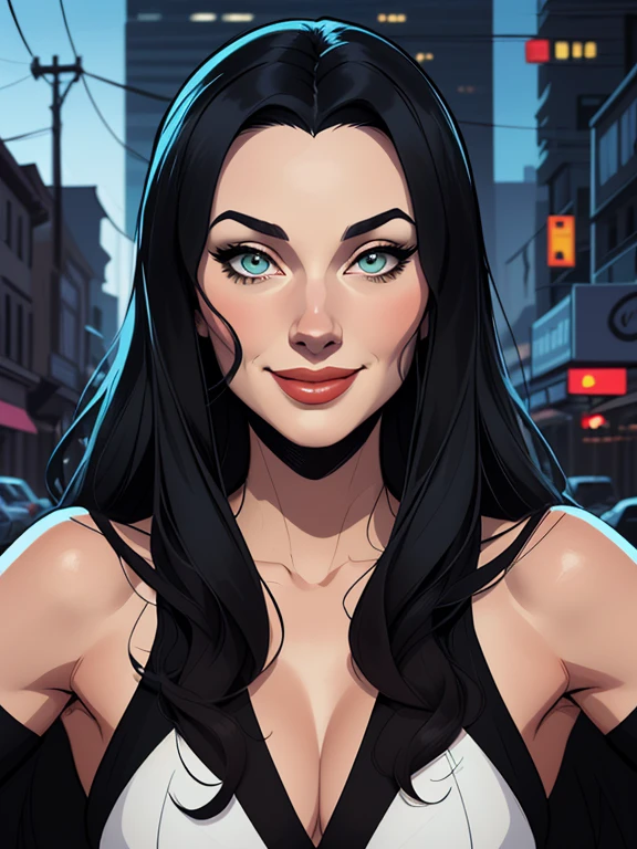 Turnaround sheetPersonagem Morticia Admas jovem Imagem de desenho animado de uma mulher .cartoon style illustration, estilo de arte dos desenhos animados, estilo de arte dos desenhos animados, digital illustration style, design de personagens altamente detalhado, arte digital detalhada fofa, City fan art, Design de personagens de retrato, beautiful digital illustration, retrato de alta qualidade, Arte em quadrinhos, mulher jovem. Green eyes Medium bust and wonderful witch outfit sensual corset costume. expression of sexual desire