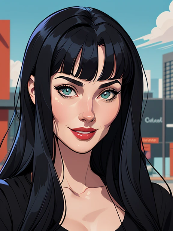 mulher estilo Morticia Addamsbusto lindo sorriso sedutor e olhar sexual  desenho animado de uma mulher .cartoon style illustration, estilo de arte dos desenhos animados, estilo de arte dos desenhos animados, digital illustration style, design de personagens altamente detalhado, arte digital detalhada fofa, City fan art, Design de personagens de retrato, beautiful digital illustration, retrato de alta qualidade, Arte em quadrinhos,