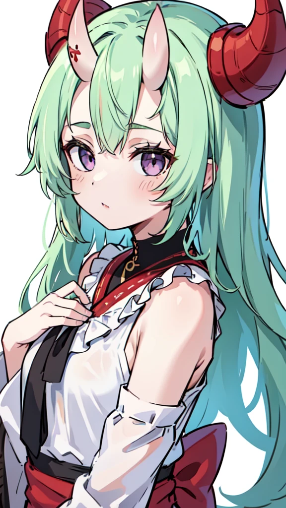 masterpiece, best quality, 4k, face close-up, portrait, 1girl, solo, beige hair, light green hair, pale green hair long hair, purple eyes, empty eyes, small breasts, (oni girl, oni horns, forehead horns), serious, neutral, white blouse, one piece blouse, medieval fashion, standing, arms behind back, looking at viewer, white background, simple background, transparent background