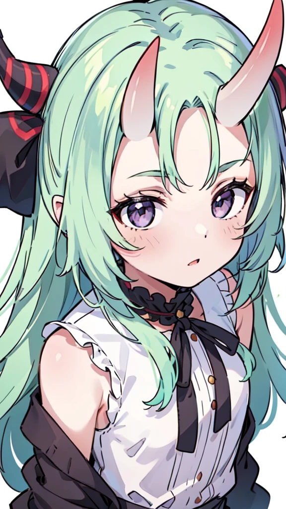 masterpiece, best quality, 4k, face close-up, portrait, 1girl, solo, beige hair, light green hair, pale green hair long hair, purple eyes, empty eyes, small breasts, (oni girl, oni horns, forehead horns), serious, neutral, white blouse, one piece blouse, medieval fashion, standing, arms behind back, looking at viewer, white background, simple background, transparent background