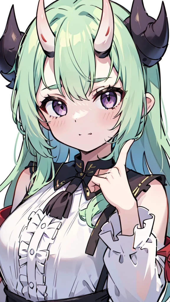 masterpiece, best quality, 4k, face close-up, portrait, 1girl, solo, beige hair, light green hair, pale green hair long hair, purple eyes, empty eyes, small breasts, (oni girl, oni horns, forehead horns), serious, neutral, white blouse, one piece blouse, medieval fashion, standing, arms behind back, looking at viewer, white background, simple background, transparent background