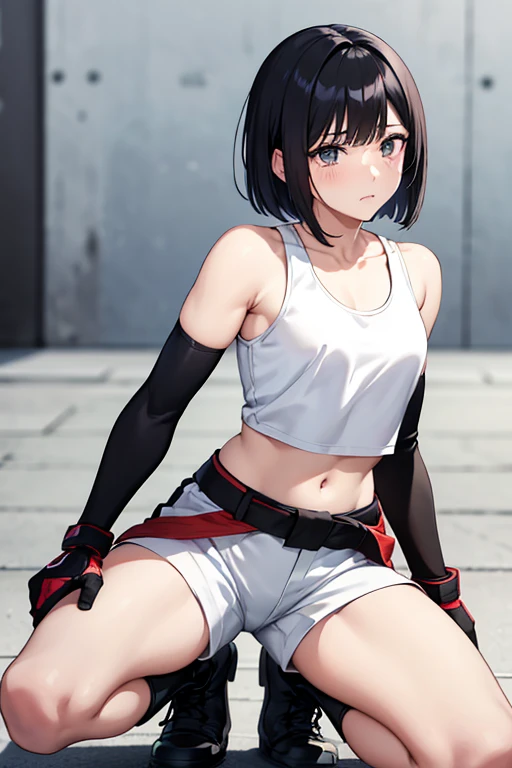 anime picture、Full body portrait、A female martial artist, about 160cm tall, around 30 years old、She wears a white tank top, white shorts, and a black belt around her waist.、Short black bob with long bangs、flat chest、A face that looks like it&#39;s about to cry、gloves、knee protector、Elbow protectors、boots