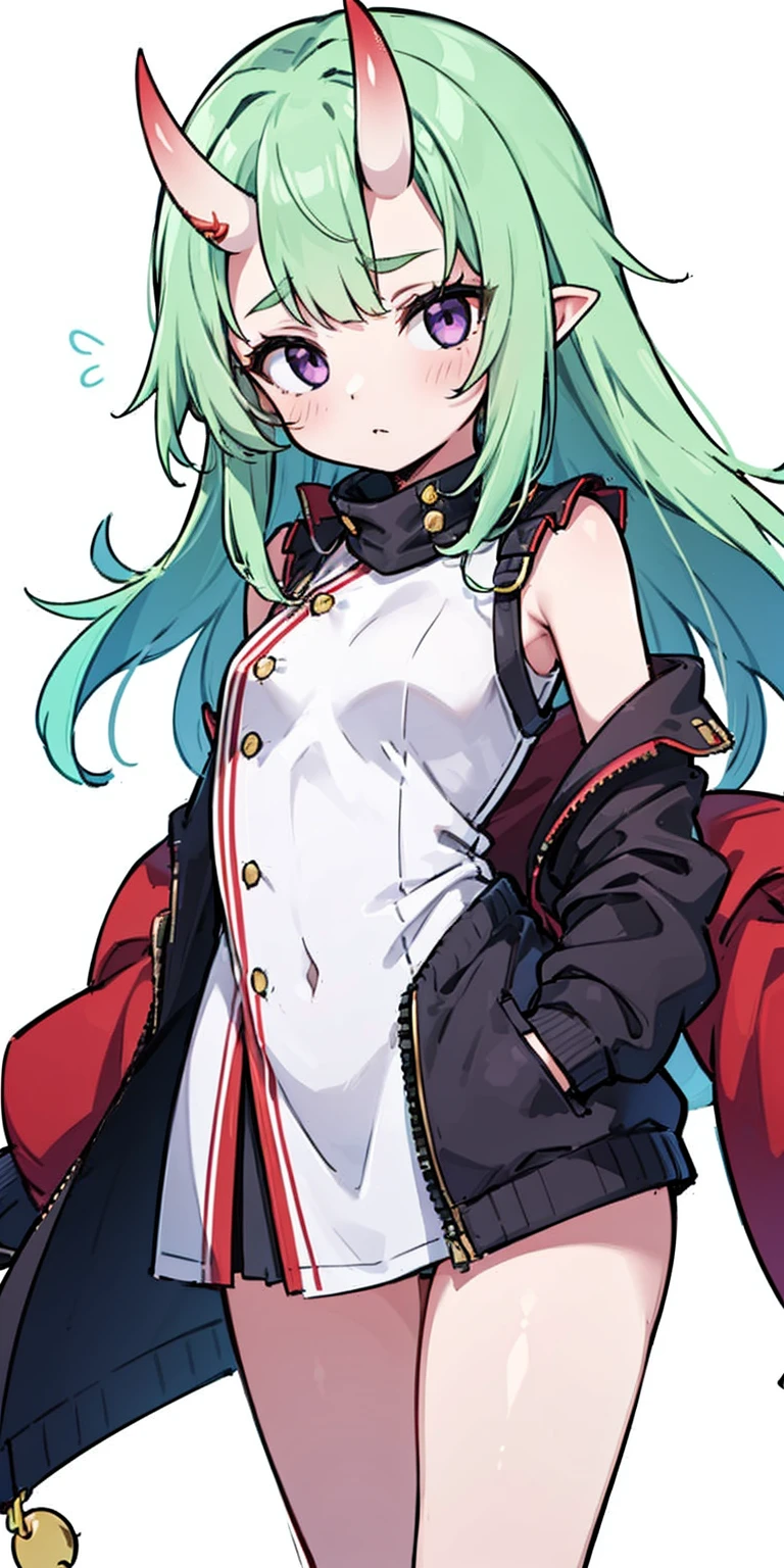 masterpiece, best quality, 4k, face close-up, portrait, 1girl, solo, beige hair, light green hair, pale green hair long hair, purple eyes, empty eyes, small breasts, (oni girl, oni horns, forehead horns), serious, neutral, white blouse, one piece blouse, medieval fashion, standing, arms behind back, looking at viewer, white background, simple background, transparent background