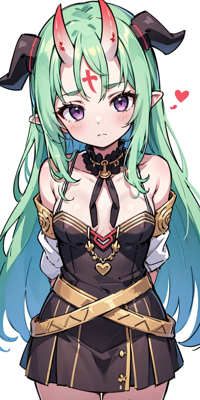 masterpiece, best quality, 4k, face close-up, portrait, 1girl, solo, beige hair, light green hair, pale green hair long hair, purple eyes, empty eyes, small breasts, (oni girl, oni horns, forehead horns), serious, neutral, white blouse, one piece blouse, medieval fashion, standing, arms behind back, looking at viewer, white background, simple background, transparent background