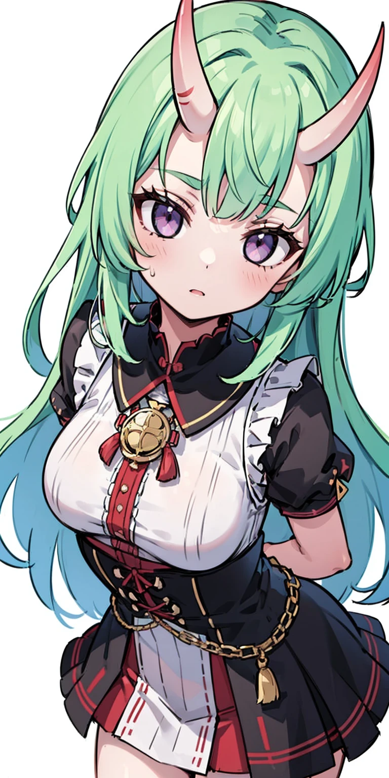 masterpiece, best quality, 4k, face close-up, portrait, 1girl, solo, beige hair, light green hair, pale green hair long hair, purple eyes, empty eyes, small breasts, (oni girl, oni horns, forehead horns), serious, neutral, white blouse, one piece blouse, medieval fashion, standing, arms behind back, looking at viewer, white background, simple background, transparent background