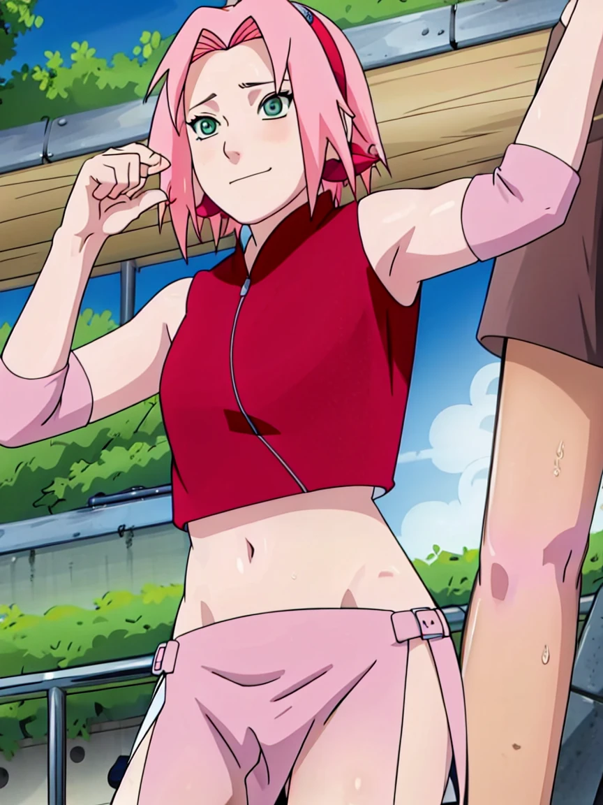 Sakura haruno,(((nude))), showing belly by lifting the top,