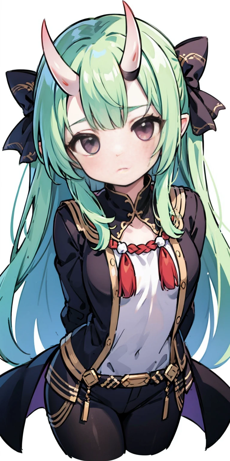 masterpiece, best quality, 4k, face close-up, portrait, 1girl, solo, beige hair, light green hair, pale green hair long hair, purple eyes, empty eyes, small breasts, (oni girl, oni horns, forehead horns), serious, neutral, white blouse, one piece blouse, medieval fashion, standing, arms behind back, looking at viewer, white background, simple background, transparent background