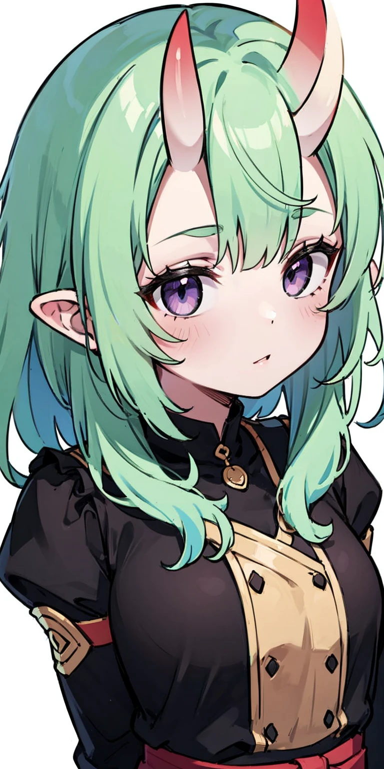 masterpiece, best quality, 4k, face close-up, portrait, 1girl, solo, beige hair, light green hair, pale green hair long hair, purple eyes, empty eyes, small breasts, (oni girl, oni horns, forehead horns), serious, neutral, white blouse, one piece blouse, medieval fashion, standing, arms behind back, looking at viewer, white background, simple background, transparent background
