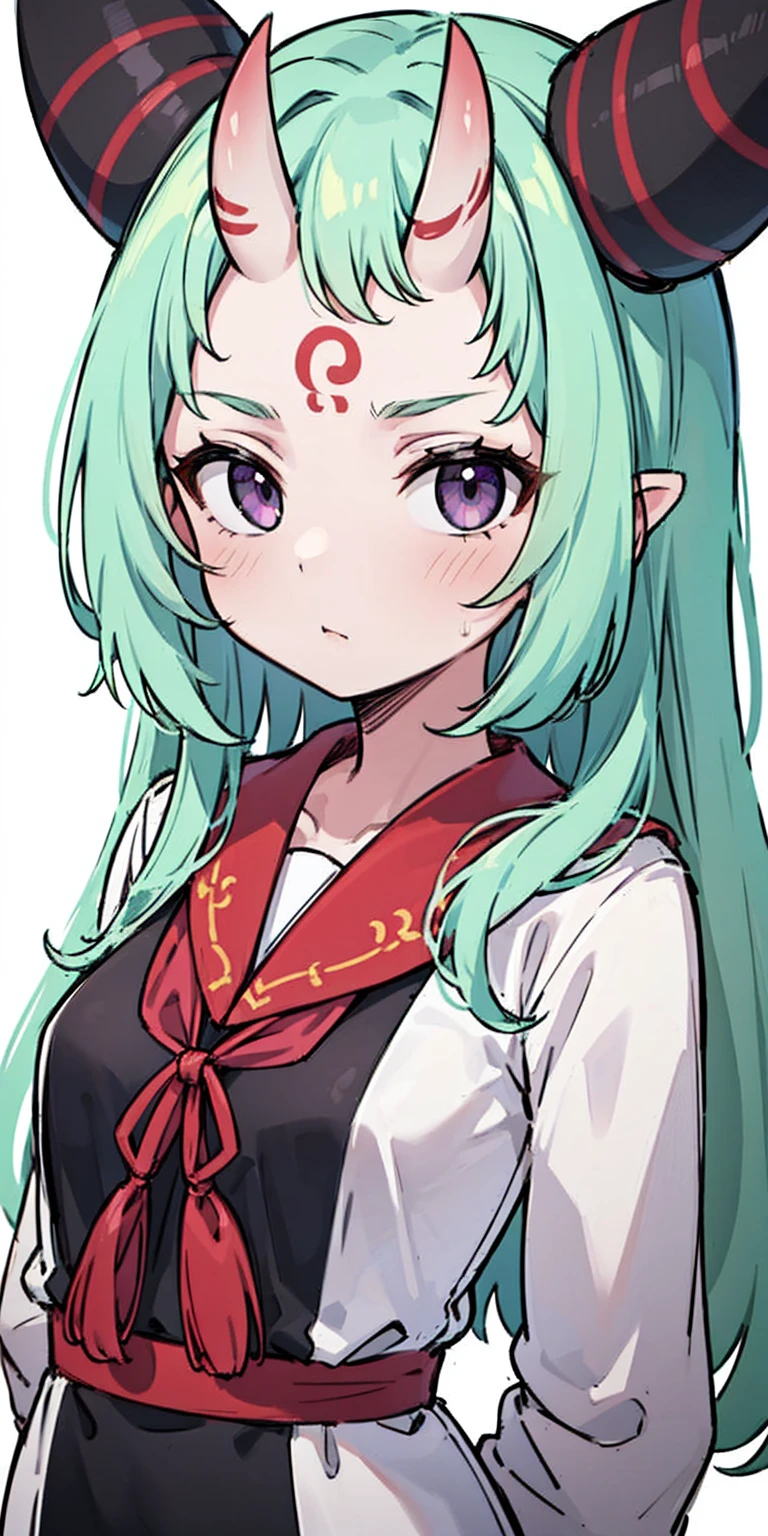 masterpiece, best quality, 4k, face close-up, portrait, 1girl, solo, beige hair, light green hair, pale green hair long hair, purple eyes, empty eyes, small breasts, (oni girl, oni horns, forehead horns), serious, neutral, white blouse, one piece blouse, medieval fashion, standing, arms behind back, looking at viewer, white background, simple background, transparent background