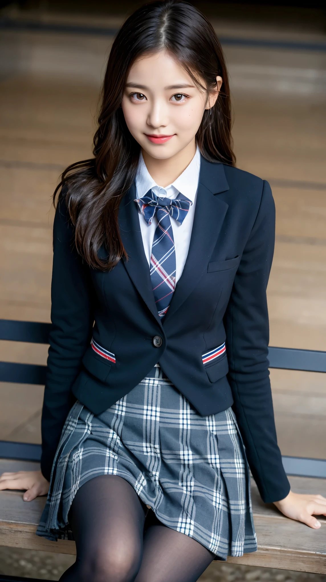 (8K), (highest quality: 1.2), (realistic), (realistic: 1.37), ultra high resolution, 1 girl, cute, smile, closed mouth, beautiful details, beautiful nose, wet hair, red lip,One-point piercing,giant dulcefo, pork, thighs,self snap,University Student Uniform,sunny day,I can see the sea,sit on a bench,cross your legs,Look down,From above,(Simple dark grey blazer 1),(dark gray pleated skirt),(dark blue bow tie),(The pattern of the skirt and tie is a tartan check pattern...:1.3),濡れたthighs,knee high tights,(thighsにクローズアップ1.2)
