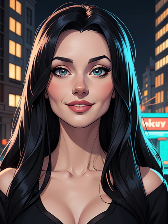 mulher estilo Morticia Addams e feiticeira escarlate busto lindo sorriso sedutor e olhar sexual desenho animado de uma mulher .cartoon style illustration, estilo de arte dos desenhos animados, estilo de arte dos desenhos animados, digital illustration style, design de personagens altamente detalhado, arte digital detalhada fofa, City fan art, Design de personagens de retrato, beautiful digital illustration, retrato de alta qualidade, Arte em quadrinhos,