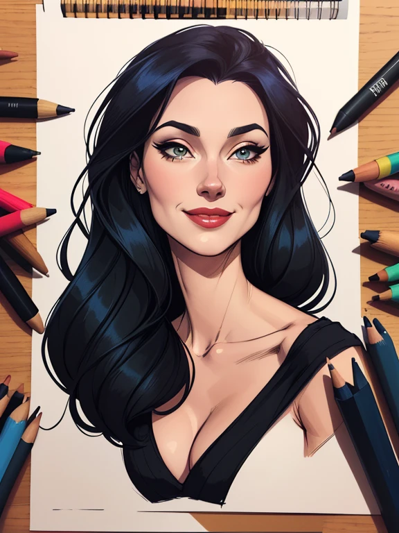 mulher estilo Morticia Addams e feiticeira escarlate busto lindo sorriso sedutor e olhar sexual desenho animado de uma mulher .cartoon style illustration, estilo de arte dos desenhos animados, estilo de arte dos desenhos animados, digital illustration style, design de personagens altamente detalhado, arte digital detalhada fofa, City fan art, Design de personagens de retrato, beautiful digital illustration, retrato de alta qualidade, Arte em quadrinhos,