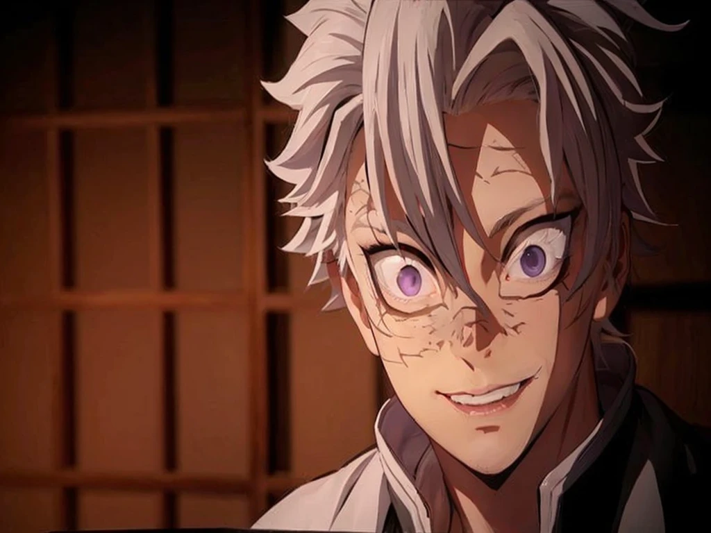 Psychotic smile, albino, pale, white hair, gray, (8k), realistic trait, (2d), 3d model, dark clothes, male, drown man, duel, Kor, pale violet eyes, light environment, moonlight light, night forest