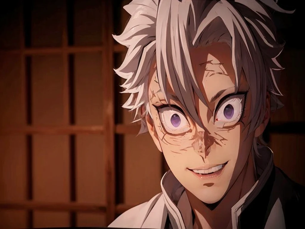 Psychotic smile, albino, pale, white hair, gray, (8k), realistic trait, (2d), 3d model, dark clothes, male, drown man, duel, Kor, pale violet eyes, light environment, moonlight light, night forest