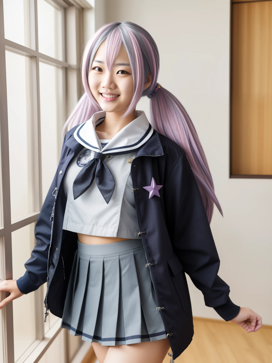 Masterpiece,hd, realistic, cosplayer, Asian young woman, 20 y.o, best quality, 1girl, indoor, standing, looking at viewer, smile, reisaid, twintails, purple eyes, hair ornament, halo, neckerchief, open jacket, gray sailor collar, gray pleated skirt, wearing pink backpack