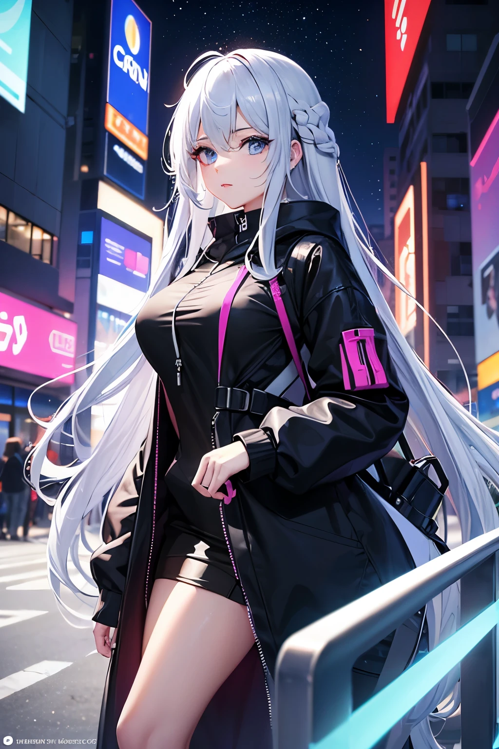 ultra quality,detailed, masterpiece, 16k, high resolution, beautiful, amazing, charming, elegant, stylish
BREAK
1 girl, 24 years old, Height is 164cm, ((Bust size is 88cm))
BREAK
(Long Hairstyle: 1.3), Beautiful and delicate flowing hair, (Beautiful eyes), (Detailed eyes)
BREAK
(colorful loose hoodie:1.2), Futuristic outfit, cyber costume
BREAK
cyber punk, Vibrant, Futuristic, Neon lights, High-rise buildings, Holographic advertisements