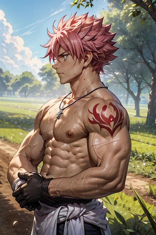 View of handsome Natsu Dragneel sowing rice seeds in a farmland of rice. His body is muscular and fit ripped, ((he is shirtless)) with muscular pecs and and. He is wearing a white cloth around his waist, white dirty gloves and a silver necklace. He is working hard in the field planting seeds . Side view of him planting rice seeds. He is working very hard and sweating profusely. The scene is of a rice farm with blue sky and bright sun visible. He has an expression of stress and his muscles are working hard as well. He has fiery pink hair just like Natsu Dragneel with a red tattoo on shoulder