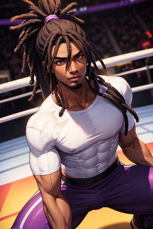 WWE Wrestler, tall male, dark skinned, strong, messy black and purple dreads, clearly athletic material tight black sweat pants with a dark purple and black shirt
