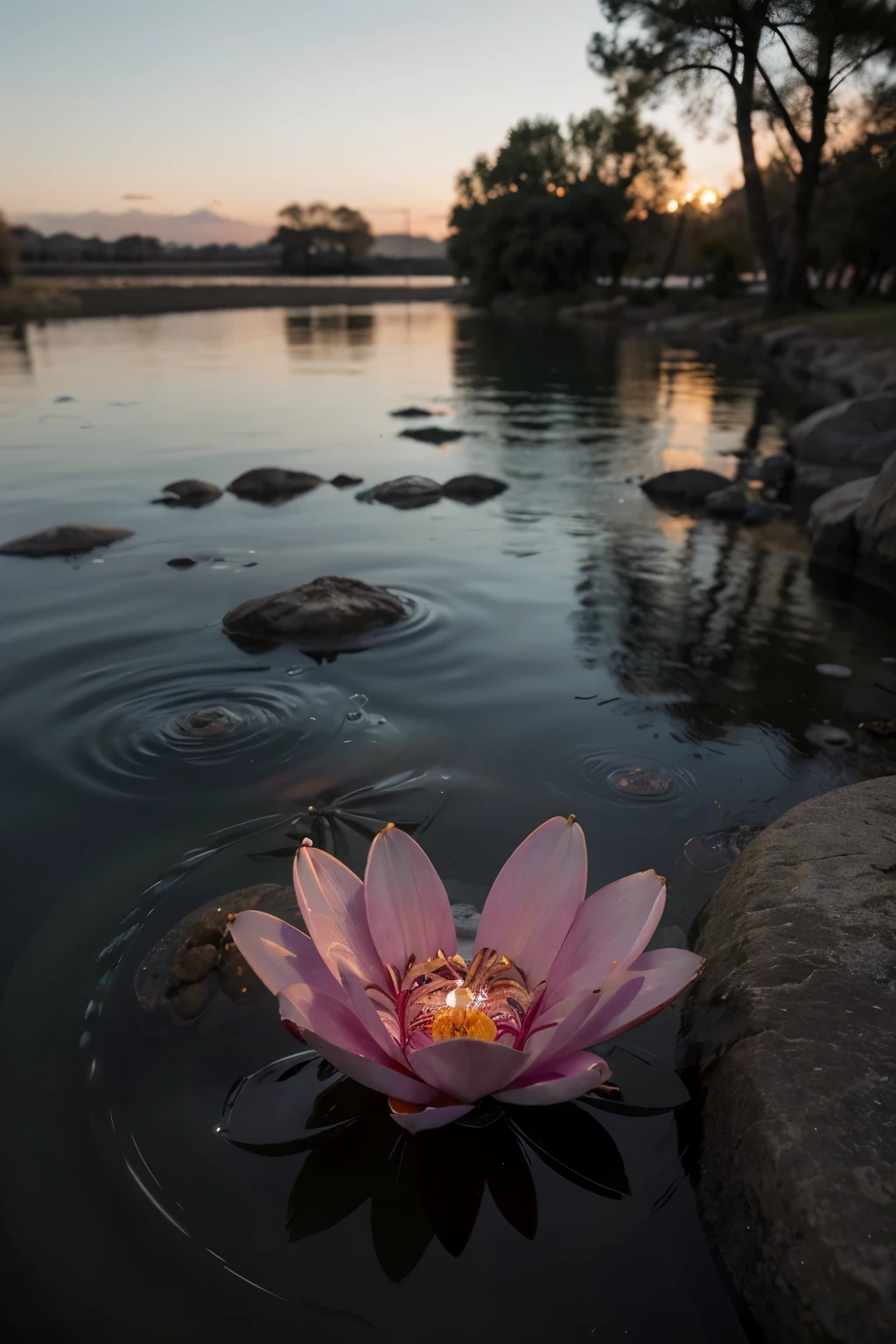 genera la imagen de una flor de loto sobre una laguna desde un plano frontal 
la mitad azul violeta convirtiendose en hielo  y la mitad naranja con tonos rojos convirtiendose en fuego 
