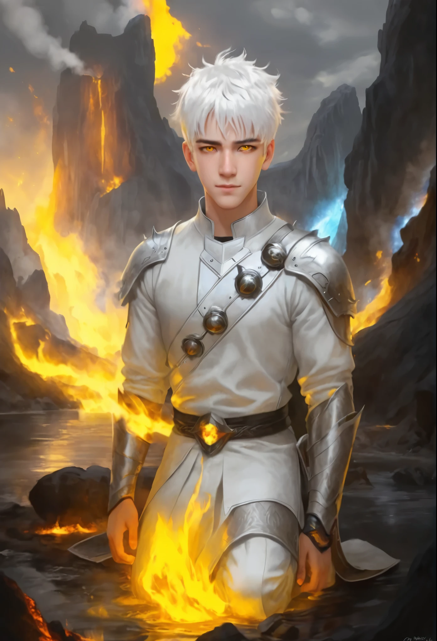 Photo of a guy with white hair and yellow eyes, High detail, Clarity, 8 cc, young guy, 18 years, light gray hair, short haircut, Yellow eyes, grin, fire crown, lava is everywhere, A huge cave, guy kneeling near the lake, realism, fantasy,