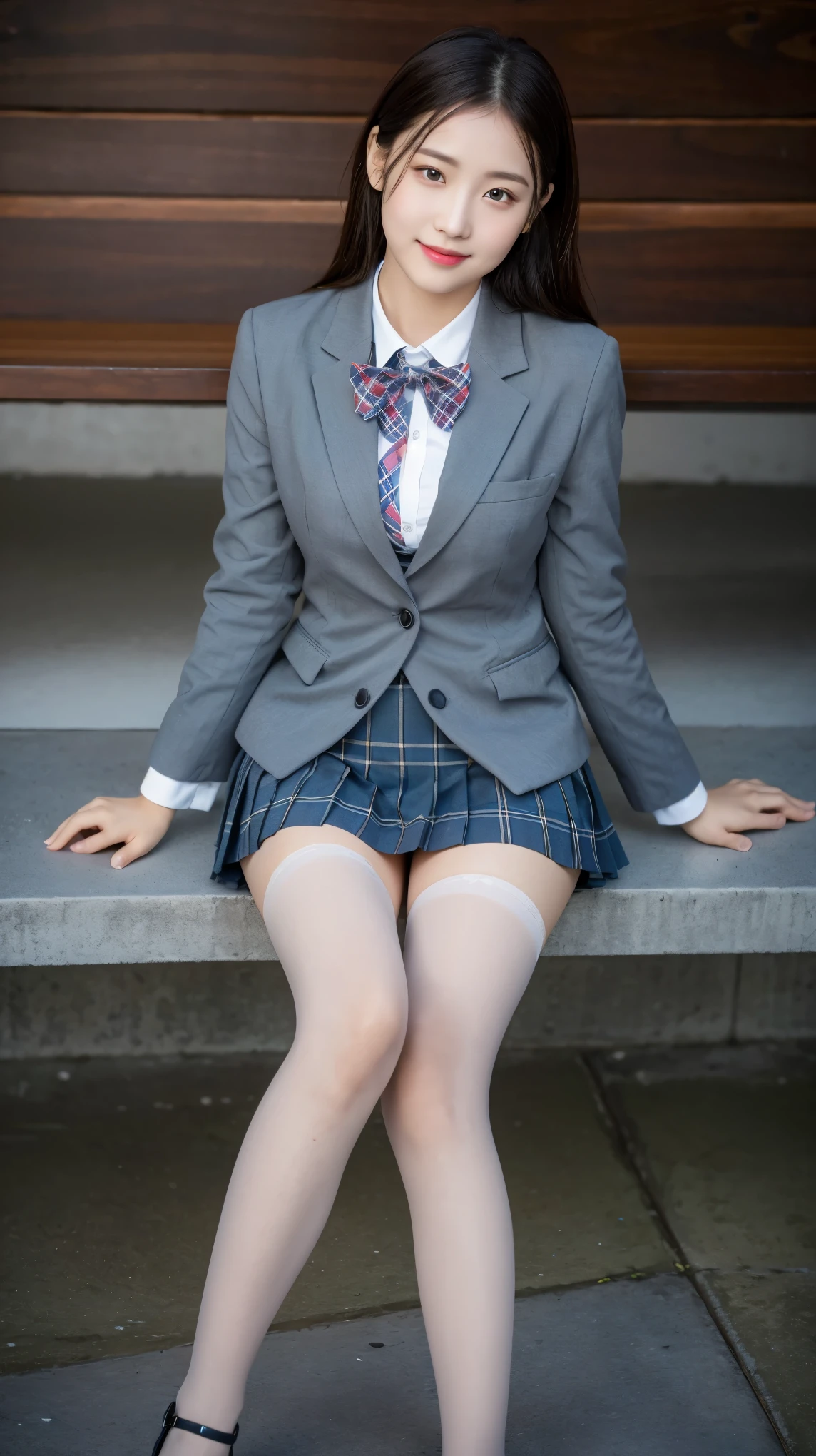 ((Random view, American shot, Real, realistic woman style, (Blue eyed Hungarian), 18 years old girl, ((gray blazer, ribbon, navy blue folded miniskirt, mid-thigh socks)), university classroom, beautiful detail in the eyes, (eye size: 3/4) light on the face, (((intricate details))), especially strong light, (upper eyes, shy smile), shiny skin, (((silver-white hair color) )), (medium thighs), ulzzang-6500-v1.1: 0.2, bashful, (Flash: 1.2), NSFW, ((seductive pose: 1.3, attractiveness: 1.3)), (sitting on desk), ((complexion slim and perfect body)), bright and refreshing classroom, Cute and symmetrical face, Natural side lighting, RAW photos, superior quality, masterpieces, High Definition RAW color photos professional close-up photos, (realistic, photorealism: 1.2), ( highest qualityr), (high contrast light shadows), (best illustrations), (erotic, sexy, ultra-high-resolution, HD Unified CG Wallpapers, Physical representation, movie lighting), Canon EOS R50 camera with 50mm lens))