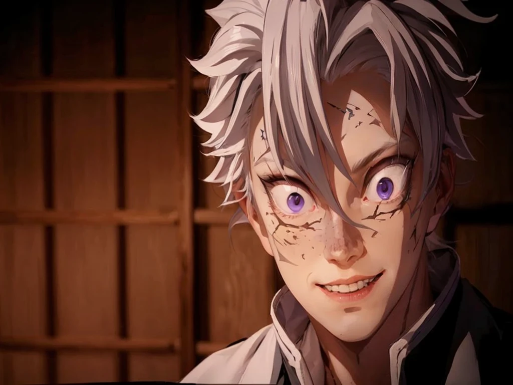 Psychotic smile, albino, pale, white hair, gray, (8k), realistic trait, (2d), 3d model, dark clothes, male, drown man, duel, Kor, pale violet eyes, light environment, moonlight light, night forest