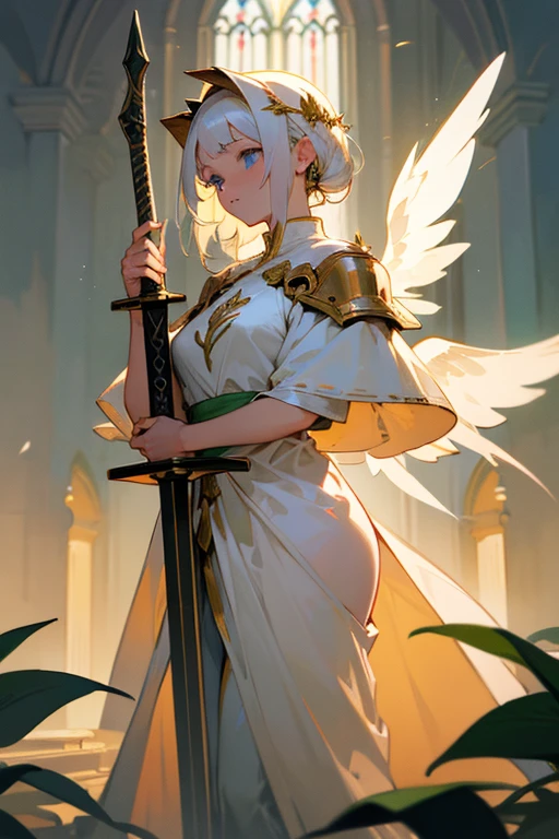 (best quality,4k,8k,highres,masterpiece:1.2),ultra-detailed,realistic:1.37,angel,holy knight,female,tall,wearing a white robe adorned with embroidered plant leaves,white hair,blue eyes,serene expression,holding a long sword in her hand,with a pair of translucent wings on her back,wearing a sacred emblem on her chest,beautiful as a fairy,illustrated painting,soft lighting,harmonious colors,subtle shadows