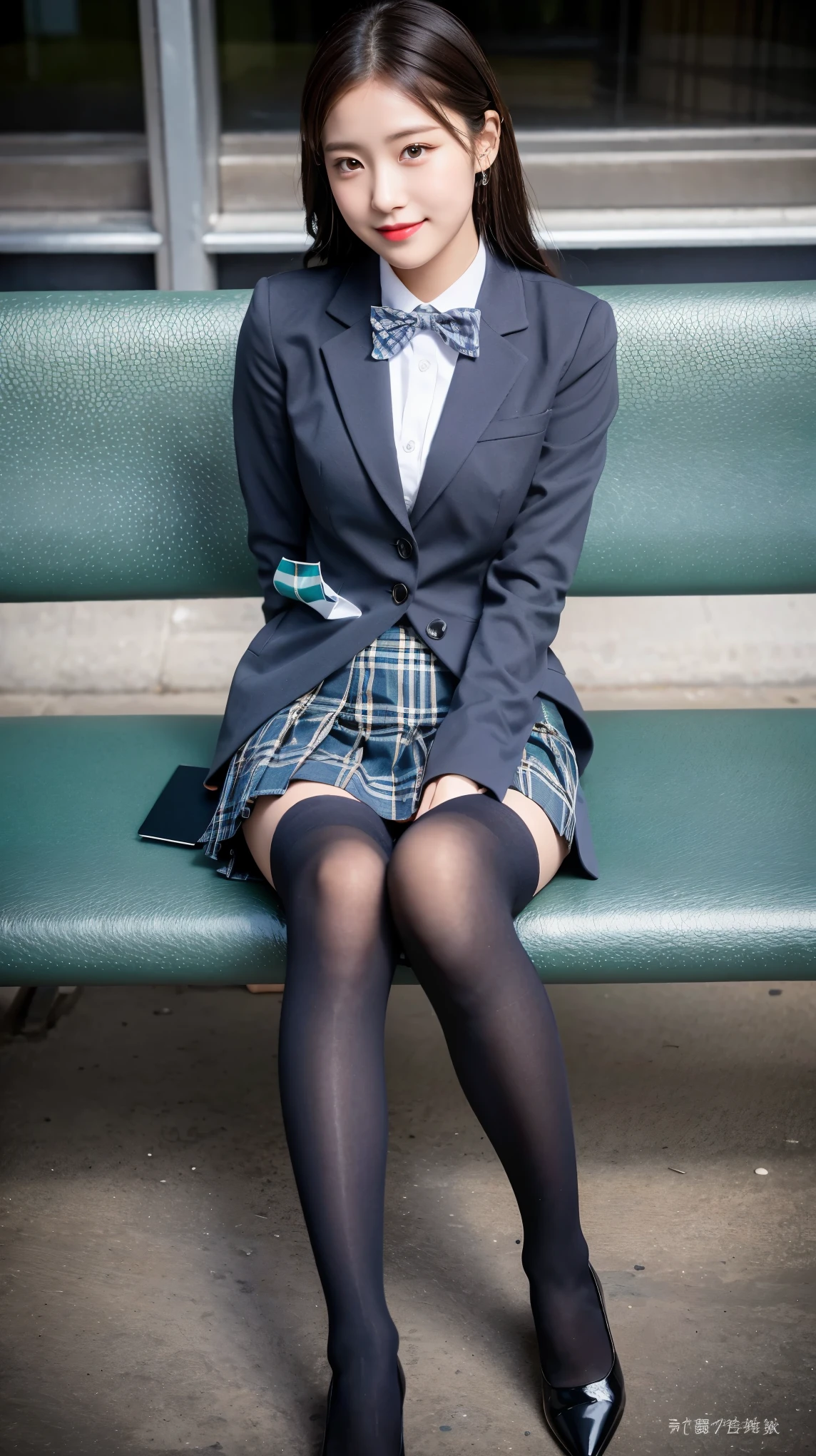 (8K), (highest quality: 1.2), (realistic), (realistic: 1.37), ultra high resolution, 1 girl, cute, smile, closed mouth, beautiful details, beautiful nose, wet hair, red lip,One-point piercing,giant dulcefo, pork, thighs,self snap,University Student Uniform,sunny day,I can see the sea,sit on a bench,cross your legs,Look down,From above,(Simple dark grey blazer 1),(dark gray pleated skirt),(dark blue bow tie),(The pattern of the skirt is a tartan check pattern...:1.3),濡れたthighs,knee high tights,(thighsにクローズアップ1.2)