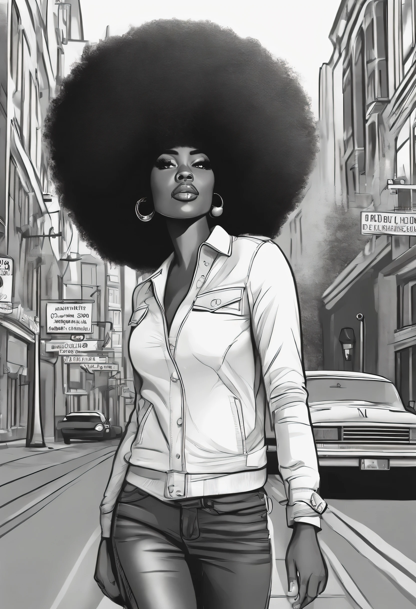 black and white cartoon image of a woman with a big afro hair, super cute funky black girl, cartoon style illustration, cartoon art style, cartoon art style, in digital illustration style, highly detailed character design, cute detailed digital art, urban girl fanart, portrait character design, beautiful digital illustration, high quality portrait, cartoon art, afro, character design portrait