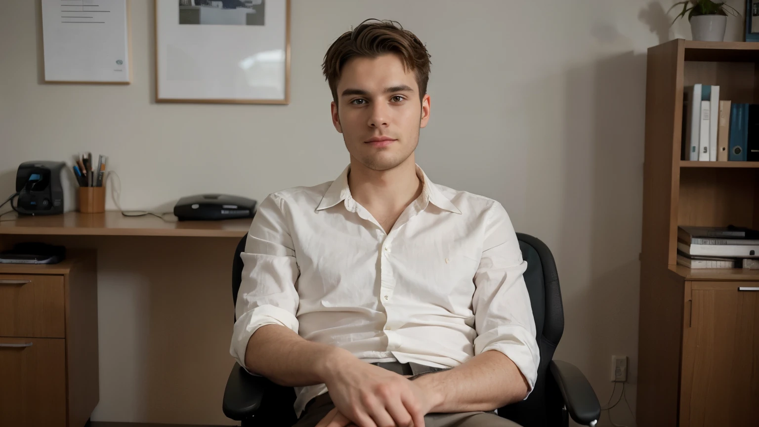 ((best quality)), ((masterpiece)), (detailed), perfect face A realistic photo of a 26-year-old British man, sitting respectfully and elegantly in an office chair, looking directly at the camera without smiling,