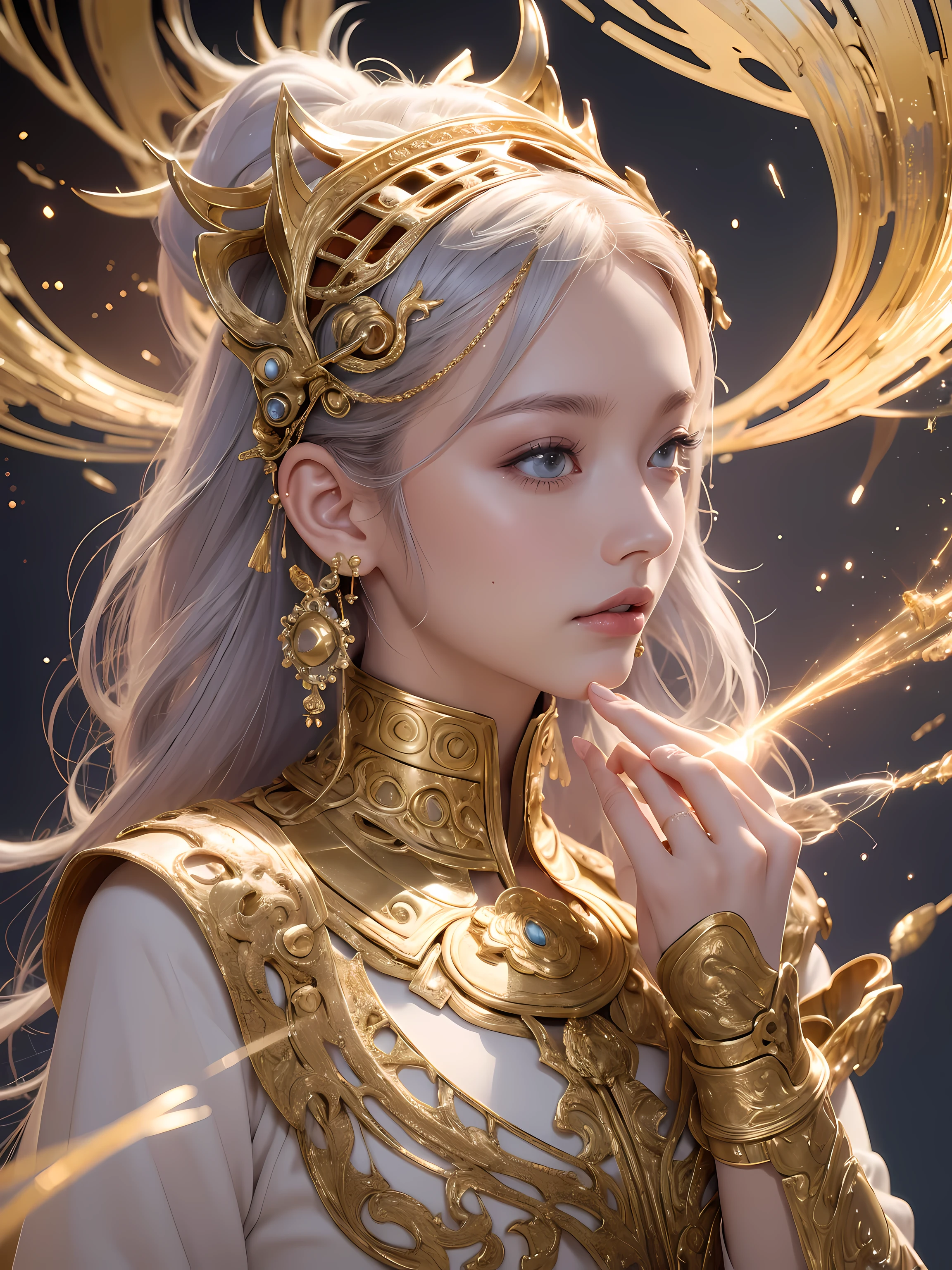 A girl wears a delicate metal headdress，（close up），Dress with golden floral decoration，colored hair，Exquisite facial features，cosmic eye，unique（best quality，Super detailed and best illustration、best shade、masterpiece、high resolution、professional artwork、famous artwork：1.2）Surrealism、Light of Magic and Technology、flowing sparkling liquid、fast moving beam、Time-stretched particle behavior、fantasy background、technical background、fantasy、celestial body、concept art、radiation、Caustics、diffraction、epic composition image、Particle flight following scene lines，Best color quality，high resolutionmasterpiece，best quality，Extreme details，illustration，ultra high definition，Ultra-detailed，Super detailed，8k