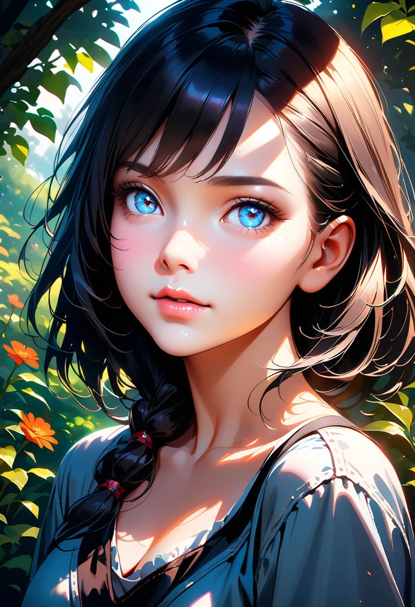 (best quality, highres),sniper aiming at girl,beautiful detailed eyes, detailed lips, long eyelashes,girl in a garden,soft sunlight,medium:oil painting,ultra-detailed,realistic,vivid colors,fantastic atmosphere,shadows and highlights,greenery and flowers,peaceful and serene,masterpiece:1.2