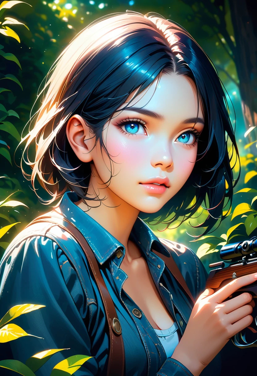 (best quality, highres),sniper aiming at girl,beautiful detailed eyes, detailed lips, long eyelashes,girl in a garden,soft sunlight,medium:oil painting,ultra-detailed,realistic,vivid colors,fantastic atmosphere,shadows and highlights,greenery and flowers,peaceful and serene,masterpiece:1.2
