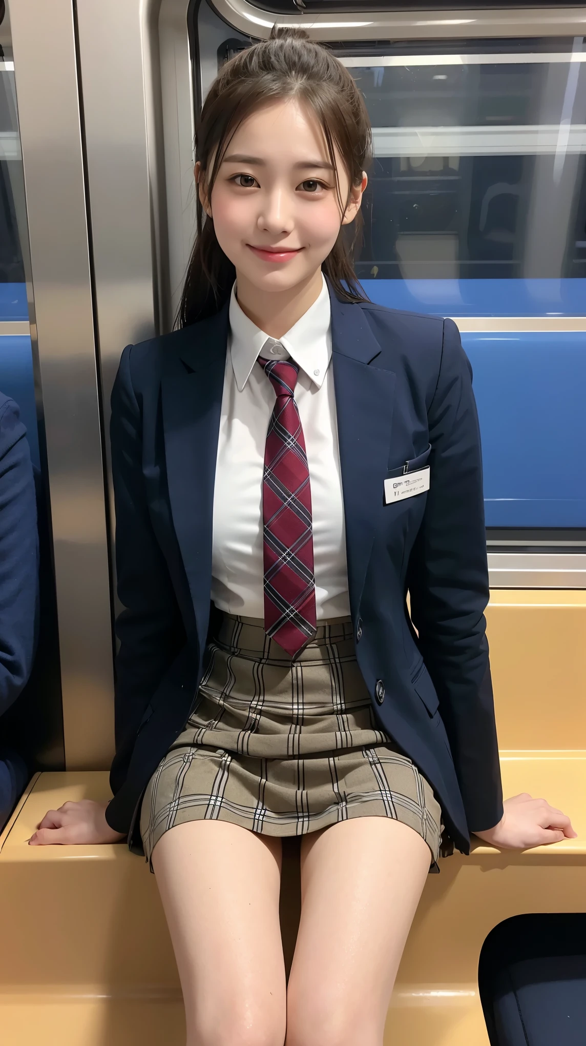 (8K), (highest quality: 1.2), (realistic), (realistic: 1.37), ultra high resolution, 1 girl, cute, smile, closed mouth, beautiful details, beautiful nose, wet hair, giant dulcefo, pork, thighs，self snap,University Student Uniform,Sitting on a train in Tokyo,simple blazer,pleated skirt,(The pattern of the skirt and tie is a tartan check pattern...:1.3),cross your legs, From above,thighs,ponytail,opaque knee high tights