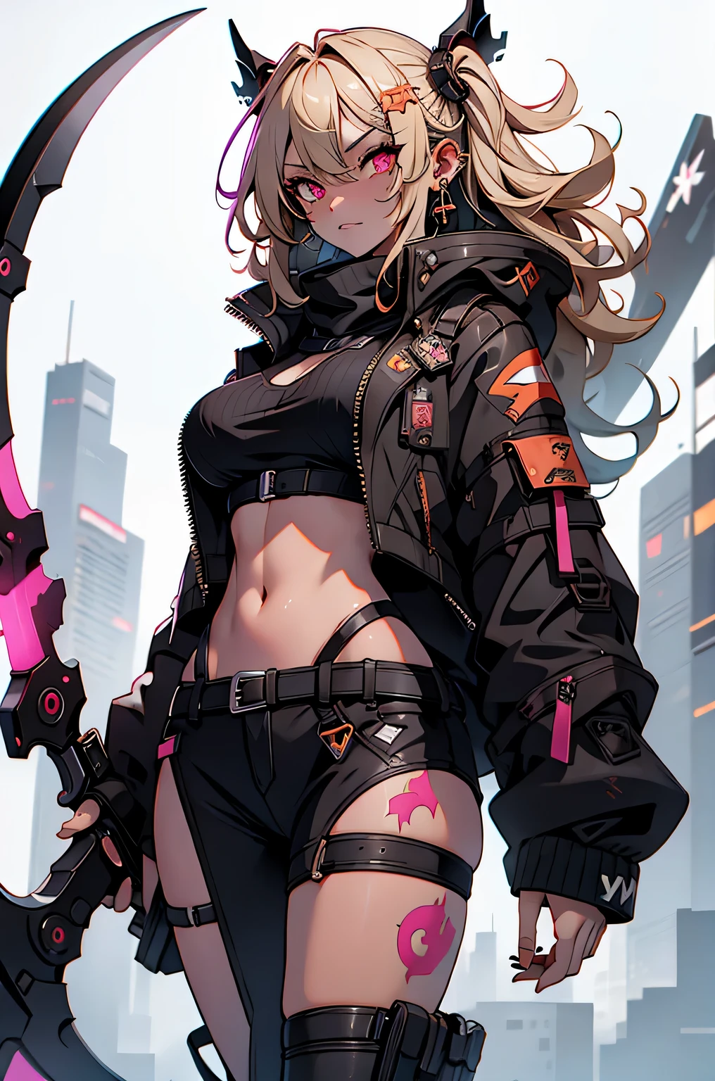 1girl, rebecca \(cyberpunk\), ((cowboy shot)),(( a huge big scythe, the size of half of the screen:1.3 )),solo, blonde braid hair, glowing red eyes,laugh fearlessly, leg tattoo, neck tattoo,  large chest, black bra, thong, red pupils, skin fang, red eyes, black jacket, 