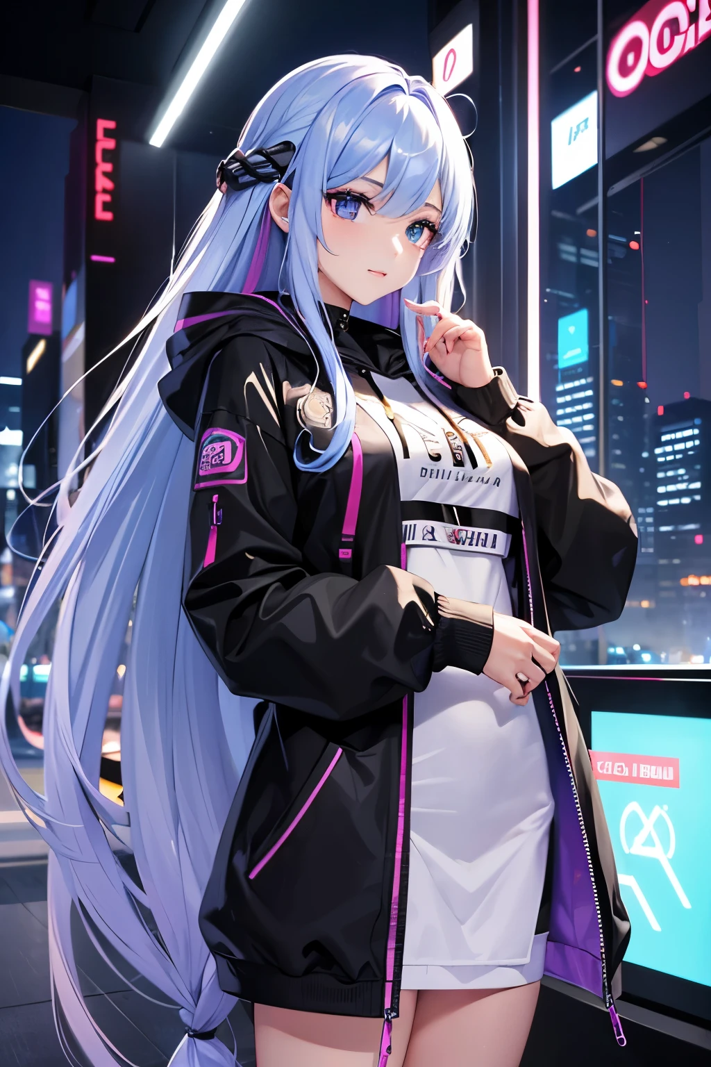 ultra quality,detailed, masterpiece, 16k, high resolution, beautiful, amazing, charming, elegant, stylish
BREAK
1 girl, 24 years old, Height is 164cm, ((Bust size is 88cm))
BREAK
(Long Hairstyle: 1.3), Beautiful and delicate flowing hair, (Beautiful eyes), (Detailed eyes)
BREAK
(colorful loose hoodie:1.2), Futuristic outfit, cyber costume
BREAK
cyber punk, Vibrant, Futuristic, Neon lights, High-rise buildings, Holographic advertisements