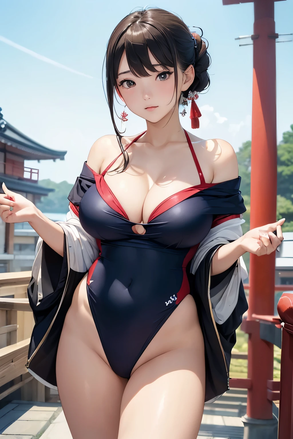(((masterpiece))),(((High resolution)))、(((8K)))、(((perfect face)))、(((beauty of japan)))、20 years old、(((beautiful face))), ((off shoulder swimsuit)), Plump, embarrassed look, look at the camera, (thighs)、top quality eyes, detailed texture, look at the camera, standing
