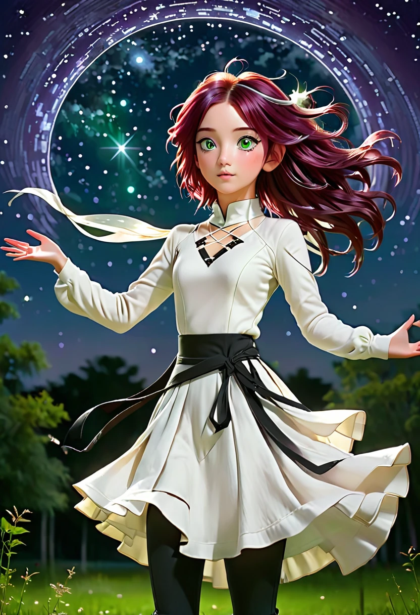 In a Park A couple stargazing)): In a cozy spot under the starry night sky, away from city lights. The Boy with a cute face. green eyes , long burgundy hair, a whit head band with black ninja writings, white high nneck wol swearer and. white long jeans back, hand in hand, with a girl with Silver Long Strands of Hair, Purple eyes wearingva white one strapp dress with black criss-cross lines and short wollen cow boy booths with tassles gazing at the constellations in the night sky. The magic of the twinkling stars in an infinite. enchanted vision of beauty, breathing taking ambience.((Best Quality)) High HD, Zerochan, Pixiv, Hyperrealism, Anime,