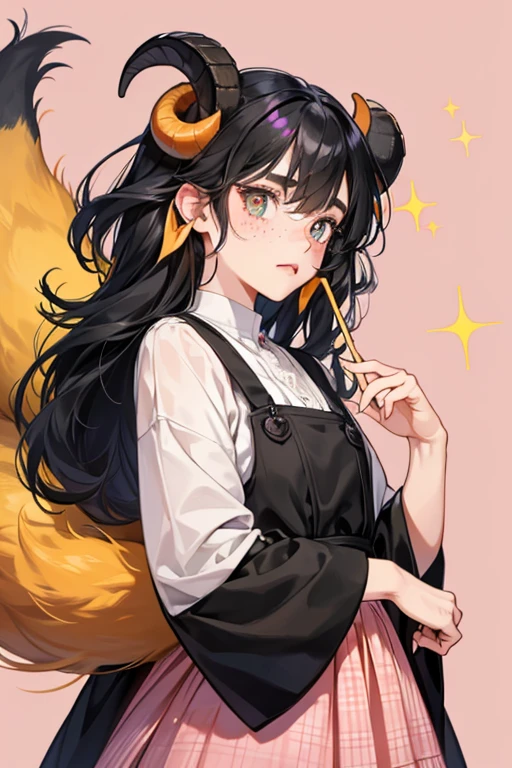 Nan is a black goat with pale-pink freckles on her cheeks. The insides of her ears are pink, and her horns are striped orange and yellow. She has a curl of hair on her head which is colored a dull brown-orange. Her hooves and tail are colored the same, and the tip of her tail fades back into the same black as the rest of her body. Her eyes are small, beady, and have one eyelash on each, as well as her having flat black eyebrows. Her mouth is rather low on her face, like most of the goat villagers. She initially wears a Citrus Gingham Shirt in all games she appears in prior to New Leaf, where she wears the Straw Shirt. SPARKLE; GLITTER