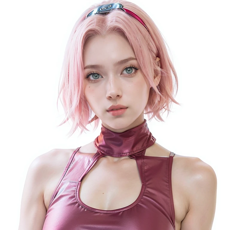 young woman, short shoulder-length pink hair, wide forehead, porcelain skin, pink eyebrows, big emerald green eyes, buttoned nose, full lips, heart-shaped face, slender body, small breasts, red tank top, Sakura Haruno , realistic, realism, details, 3d, well detailed