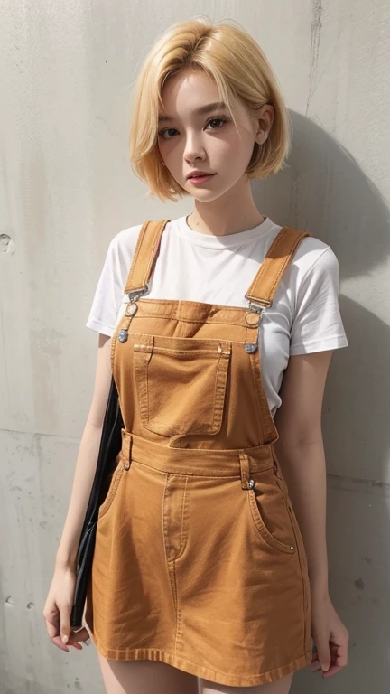 dungarees skirt orange thin flower pattern , big breast , blonde hair , short hair