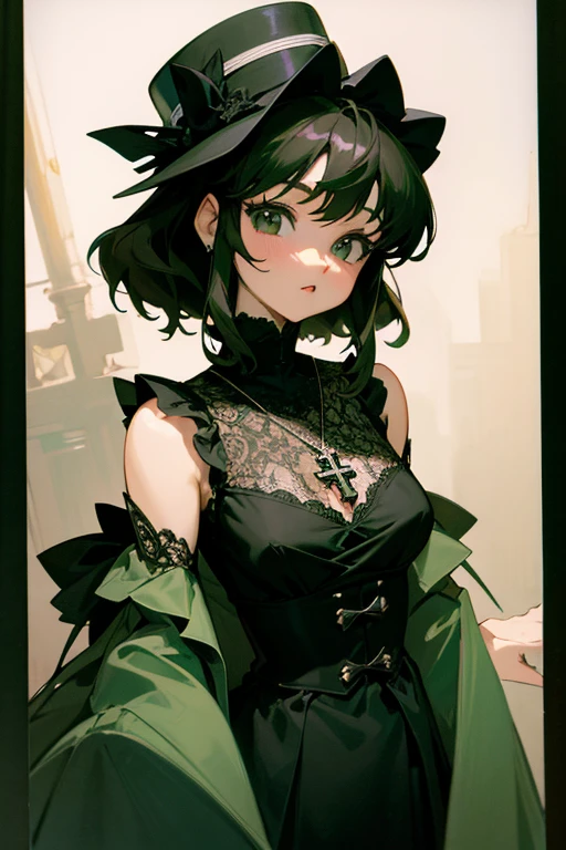 Akina Nakamori、Green lace dress、25 years old、Beautiful woman、sexy、White cross necklace on chest、gothic style、miniature small hat、Sharp and cute、Beautiful woman、Upper grade、sexyポーズ、
