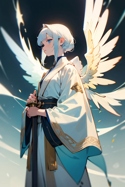 (best quality,4k,highres,masterpiece:1.2),angelic,warrior,woman,tall,white robe embroidered with plant leaves,white hair,blue eyes,calm expression,holding a long sword in hand,translucent wings on her back,emblazoned with the emblem of holiness,divinely beautiful