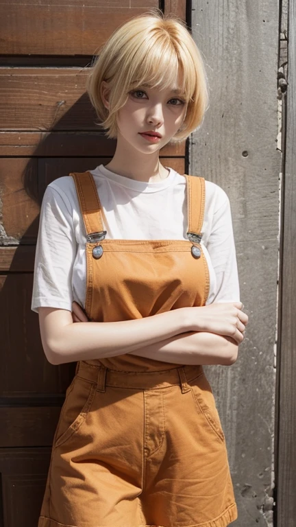 dungarees skirt orange thin flower pattern , big breast , blonde hair , short hair