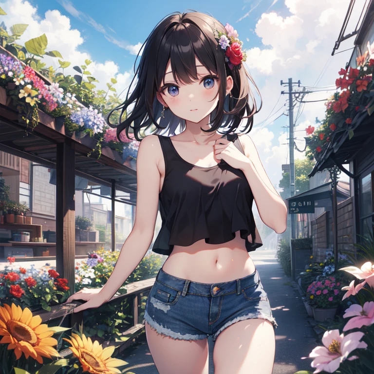 highest quality、masterpiece、8k、null、ruffle tank top、Denim shorts、Cloud、flower garden