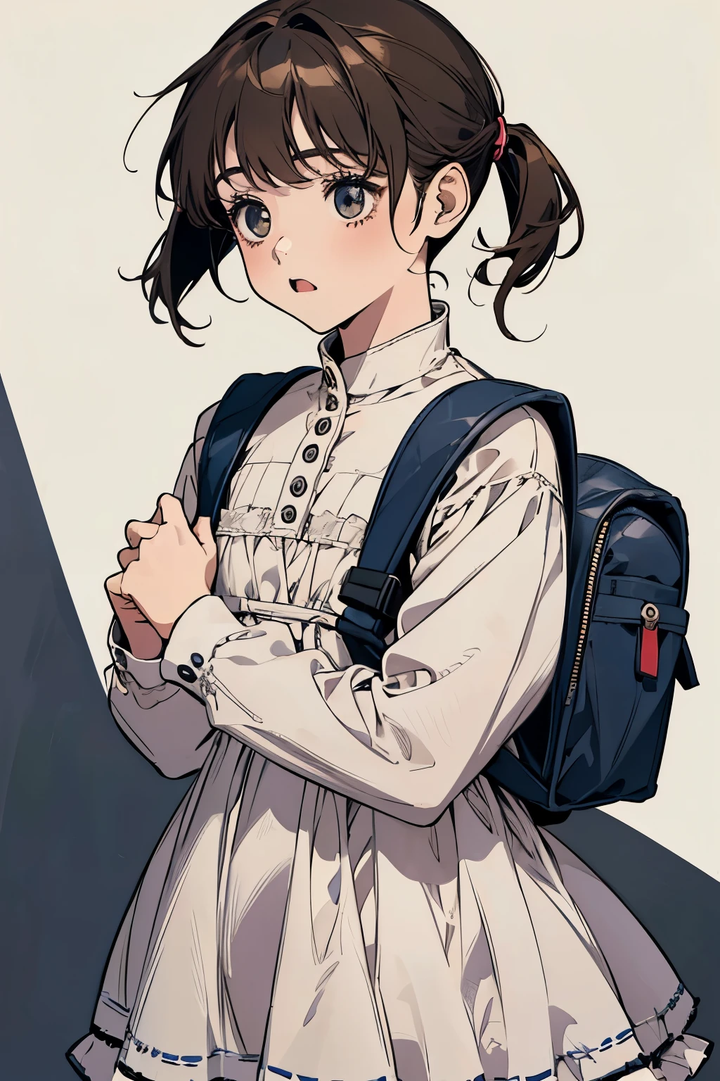 1girl, alone,(highest quality),(masterpiece:1.1), Upper body,short twin tails, cute, girl、((8--old)ong sleeve、white dress、carried a small backpack、girl、（young girl）、（white background）
