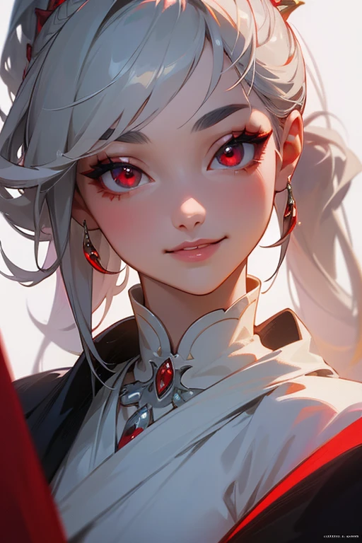 (highest quality, masterpiece:1.2), High resolution, Super detailed, realistic:1.37, fantasy, An illustration,gray hair、 red eyes、 Queen, white dress.platinum decoration、beautifully、Eyeshadow Red、dark eyebrows、long eyelashes、pupils are black、shiny on the lips、upper site、Queen、Princess、ponytail、gentle smile、Show your teeth a little and smile、soft expression、