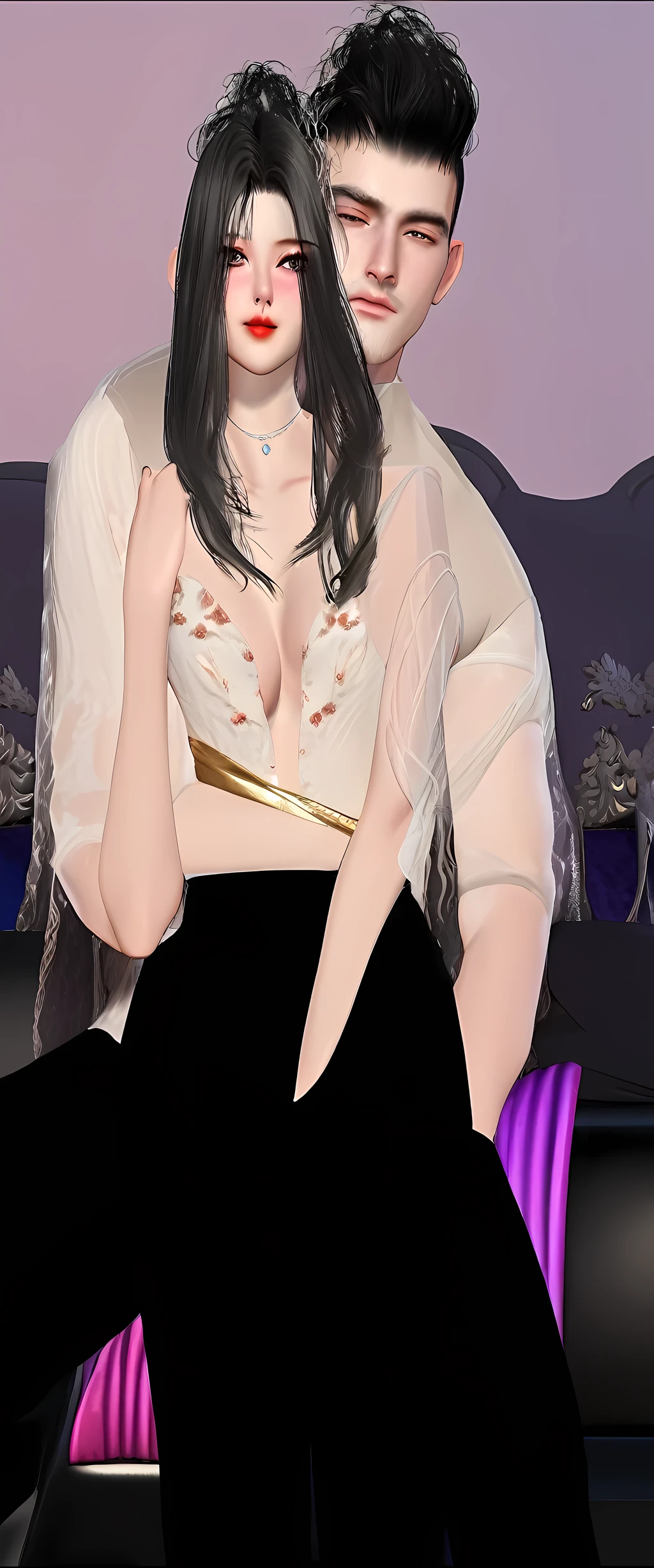 man and a woman sitting on a couch, couple pose, realistic, inspired by Sim Sa-jeong, close up half body shot, full body close-up shot, second life avatar, lacivious pose, elegant pose, glamor pose, elegant glamor pose, ! movie scene