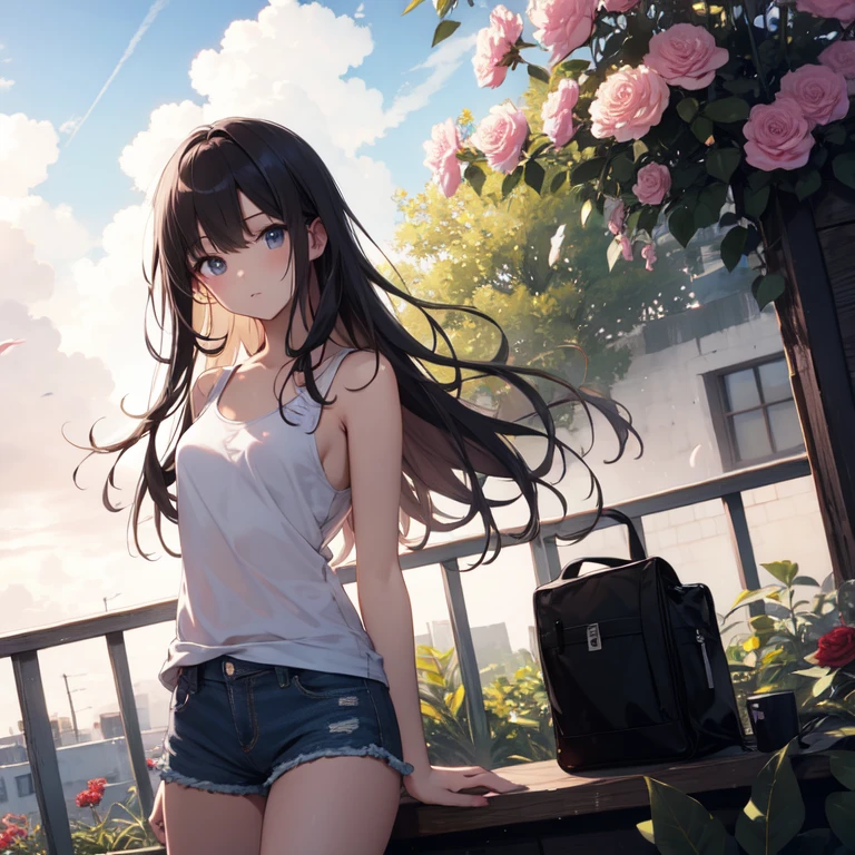highest quality、masterpiece、8k、null、White ruffled tank top、Denim shorts、Cloud、flower garden